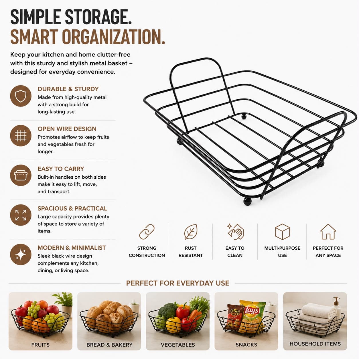 Rectangular Bread Serving Basket with Metal Base Size 30×19×7 cm
 7