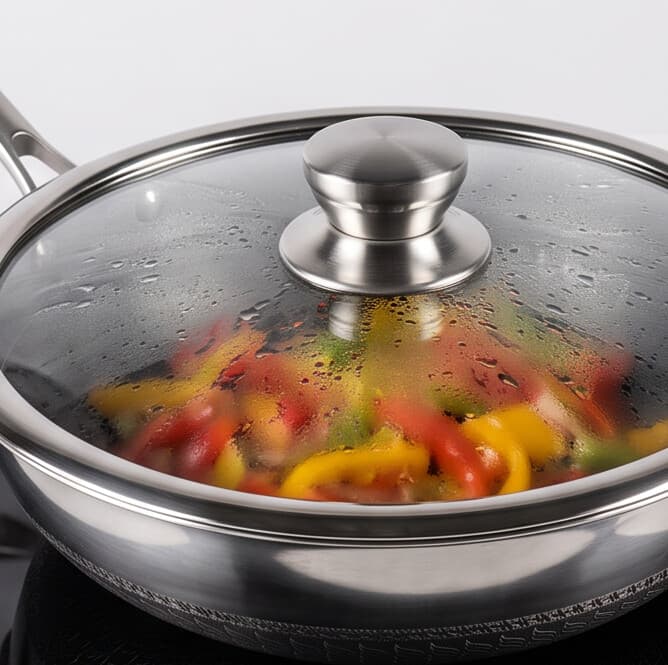 Tri-ply stainless steel pan with lid and glossy finish, 3.1L capacity, size 30 × 8.5 cm. 7