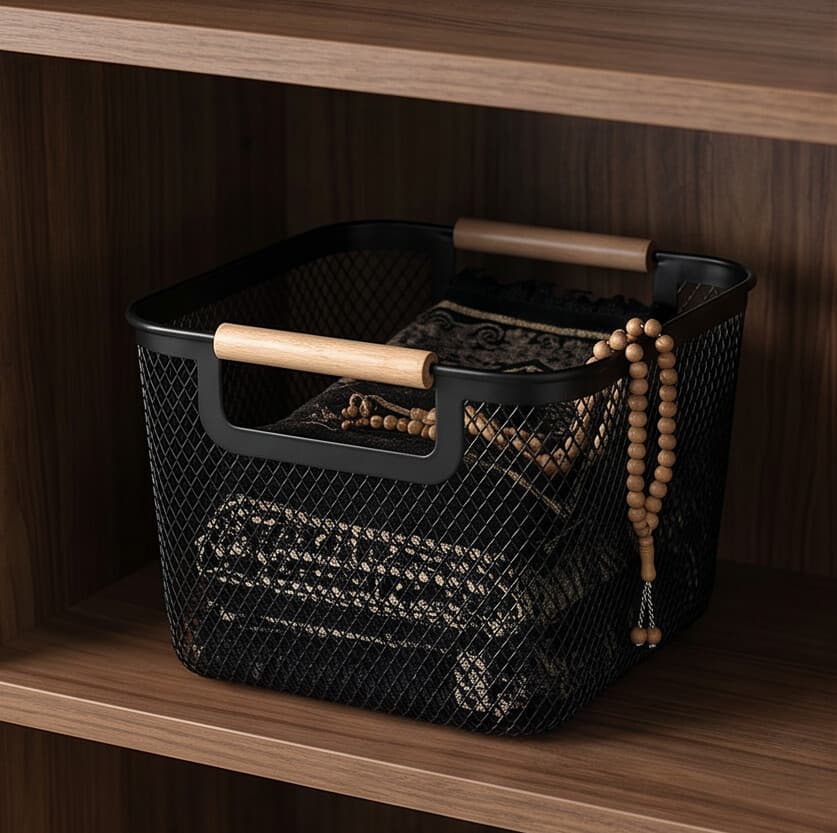 Plastic Storage Basket with Wooden Handle - Black 1