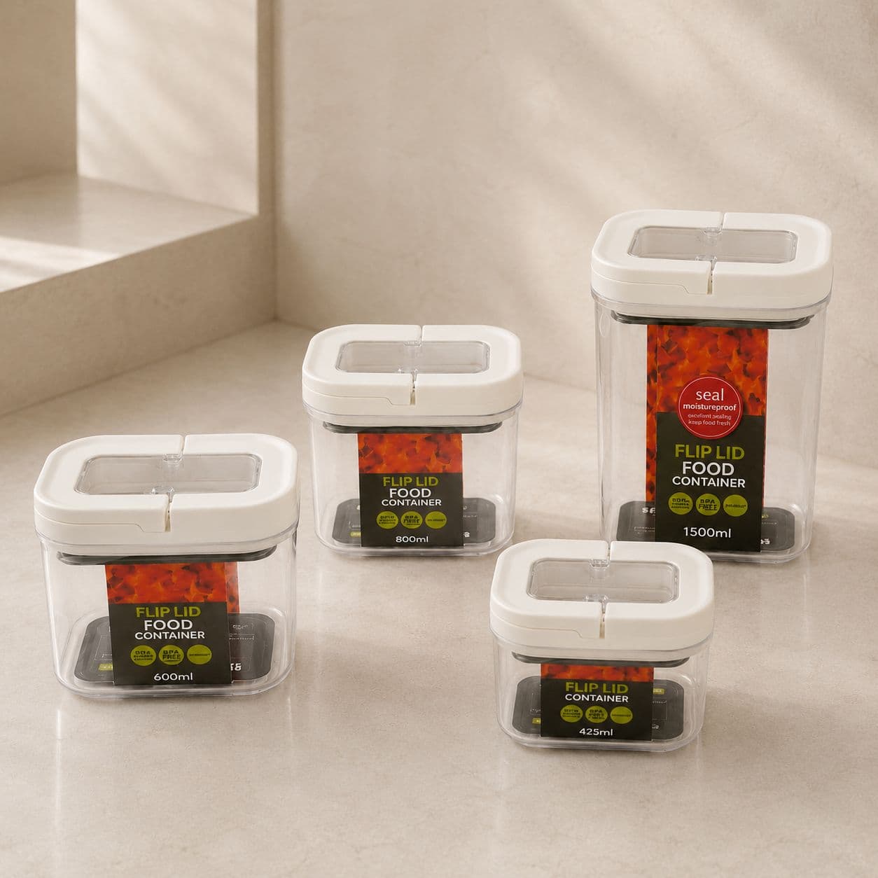 Airtight Food Storage Container Set - 4 Pieces, Assorted Sizes - Off White