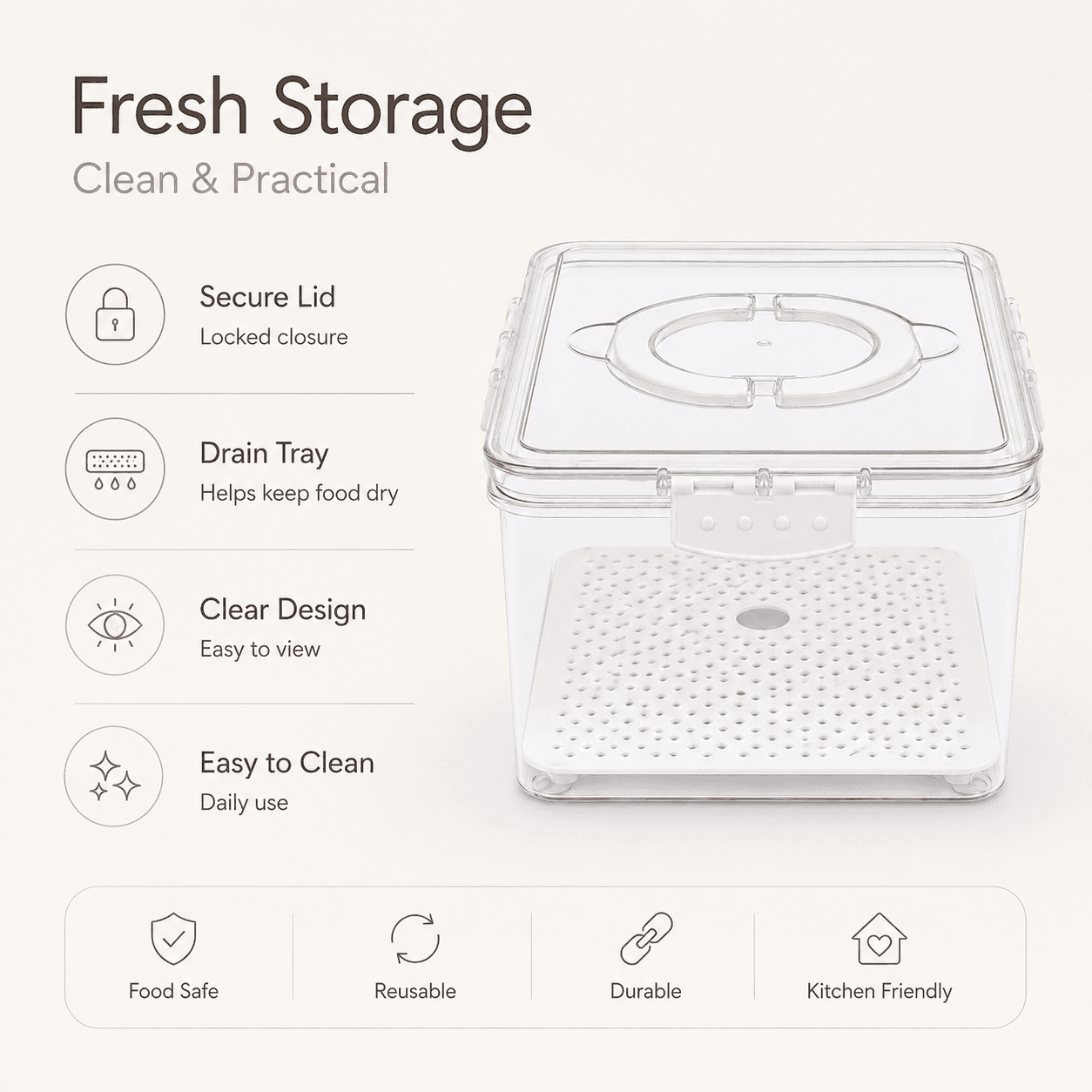 Clear Food Storage Container with Drain Tray and Side Locks 7