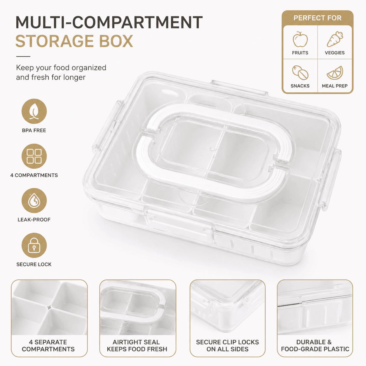 PET Portable Fruit Storage Container with 3 Drainage Compartments 6