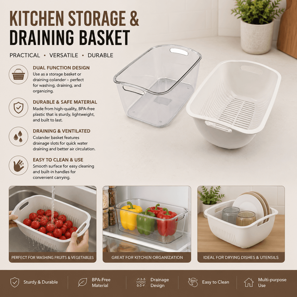 Vegetable and Fruit Washing Colander with Drain Tray - Set of 2 7