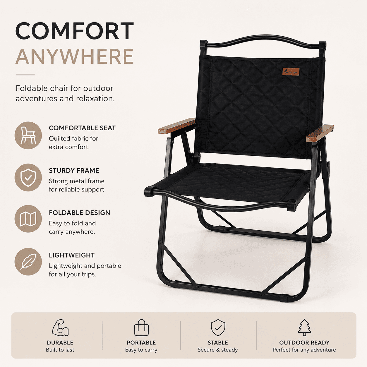 Foldable Camping Chair with Comfortable Padded Design and Wooden Armrests 7