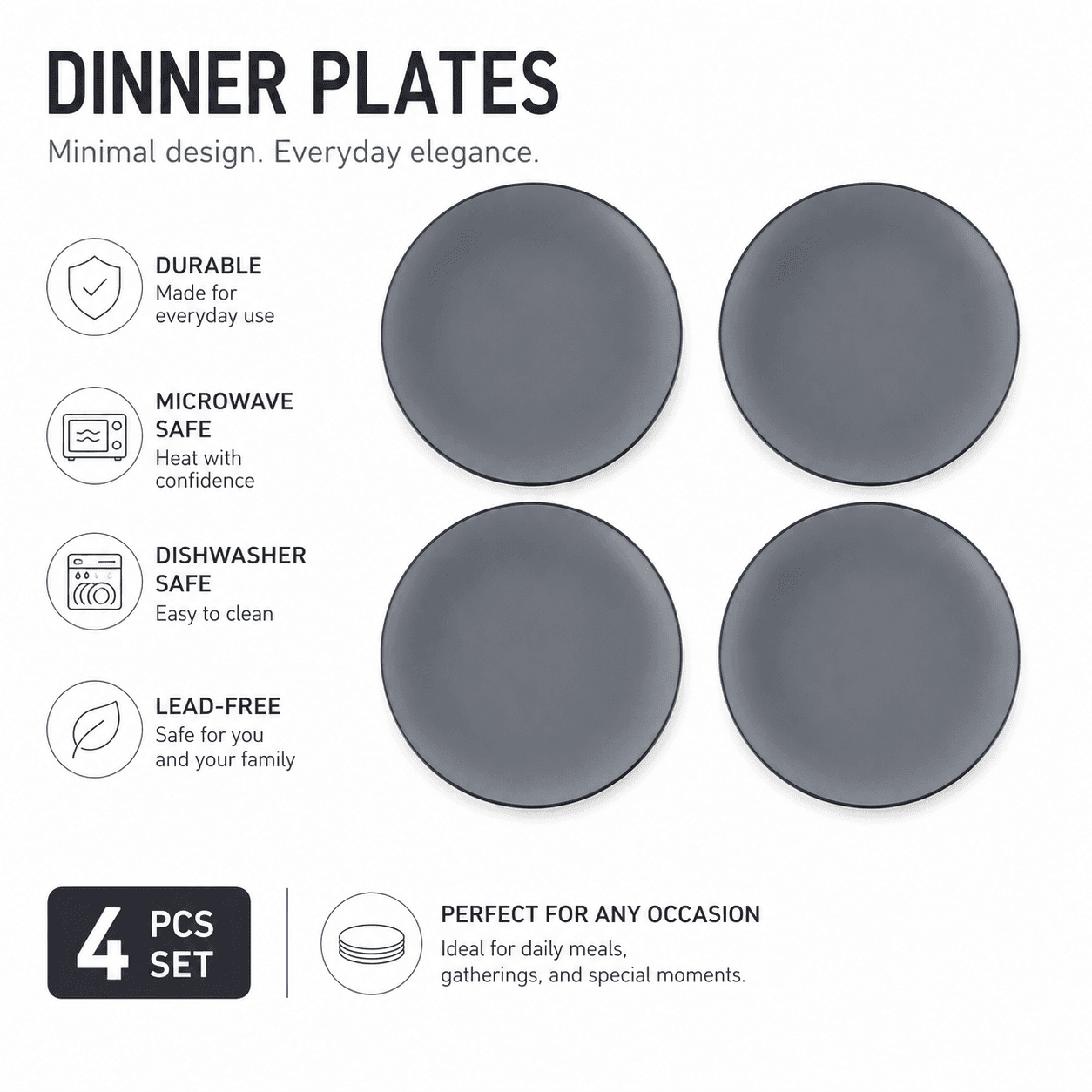 Luxury Round Matte Gray Melamine Serving Plate Set of 4 Pieces – Size 21×21×2 cm

 6