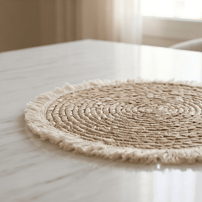 Round Natural Wicker Placemat with Fringe Edges and Spiral Design to Protect the Table – Size 38 cm

 7