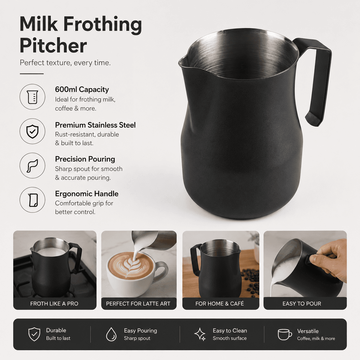 500ml black stainless steel milk pot, ideal for heating and easy pouring.