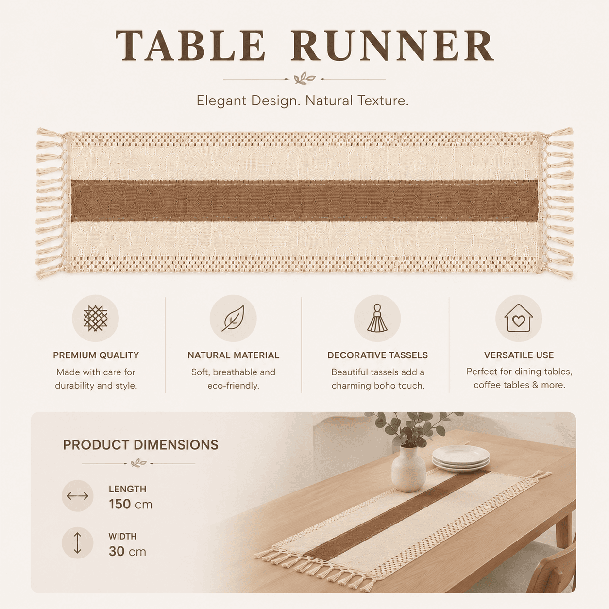 Cotton & Linen Table Runner with Brown Center Stripe Size 30×150 cm
 6