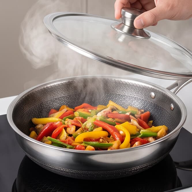 Tri-ply stainless steel pan with lid and glossy finish, 3.1L capacity, size 30 × 8.5 cm. 8