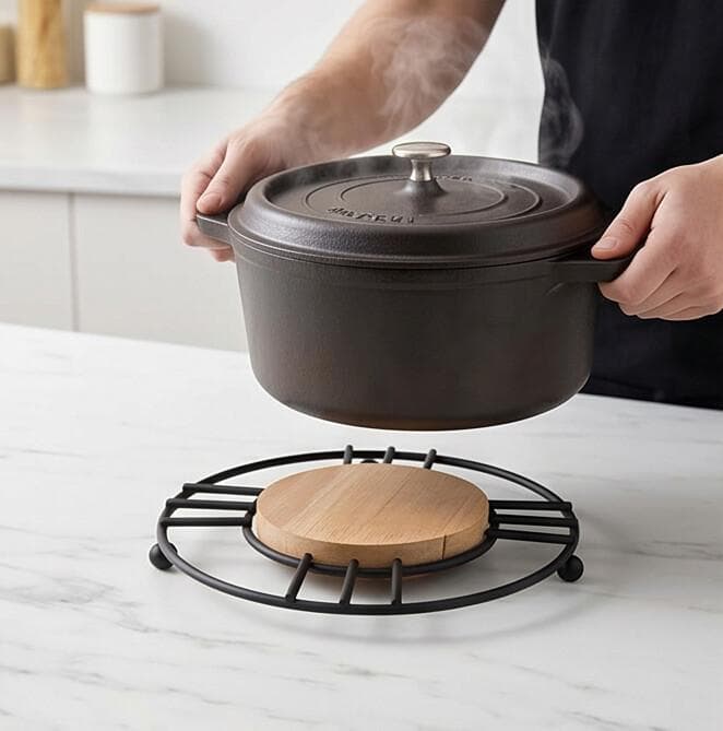 Round Metal Hot Pot Trivet with Wooden Base - Black 4