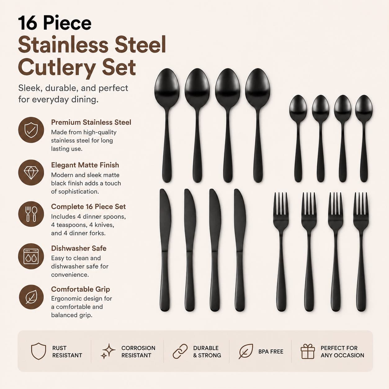 16-piece black cutlery set with a simple design, suitable for everyday table use. 6