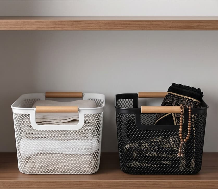 Plastic Storage Basket with Wooden Handle - Black 2