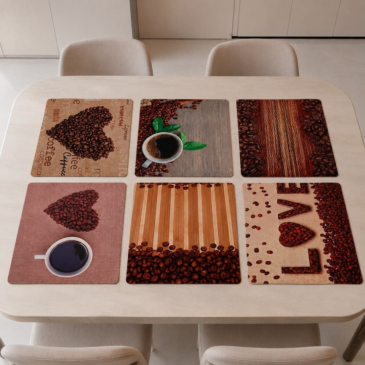 Insulating Mesh Placemat with Coffee Cup and Coffee Beans Print for Table Protection - Set of 3 - 30×45 cm