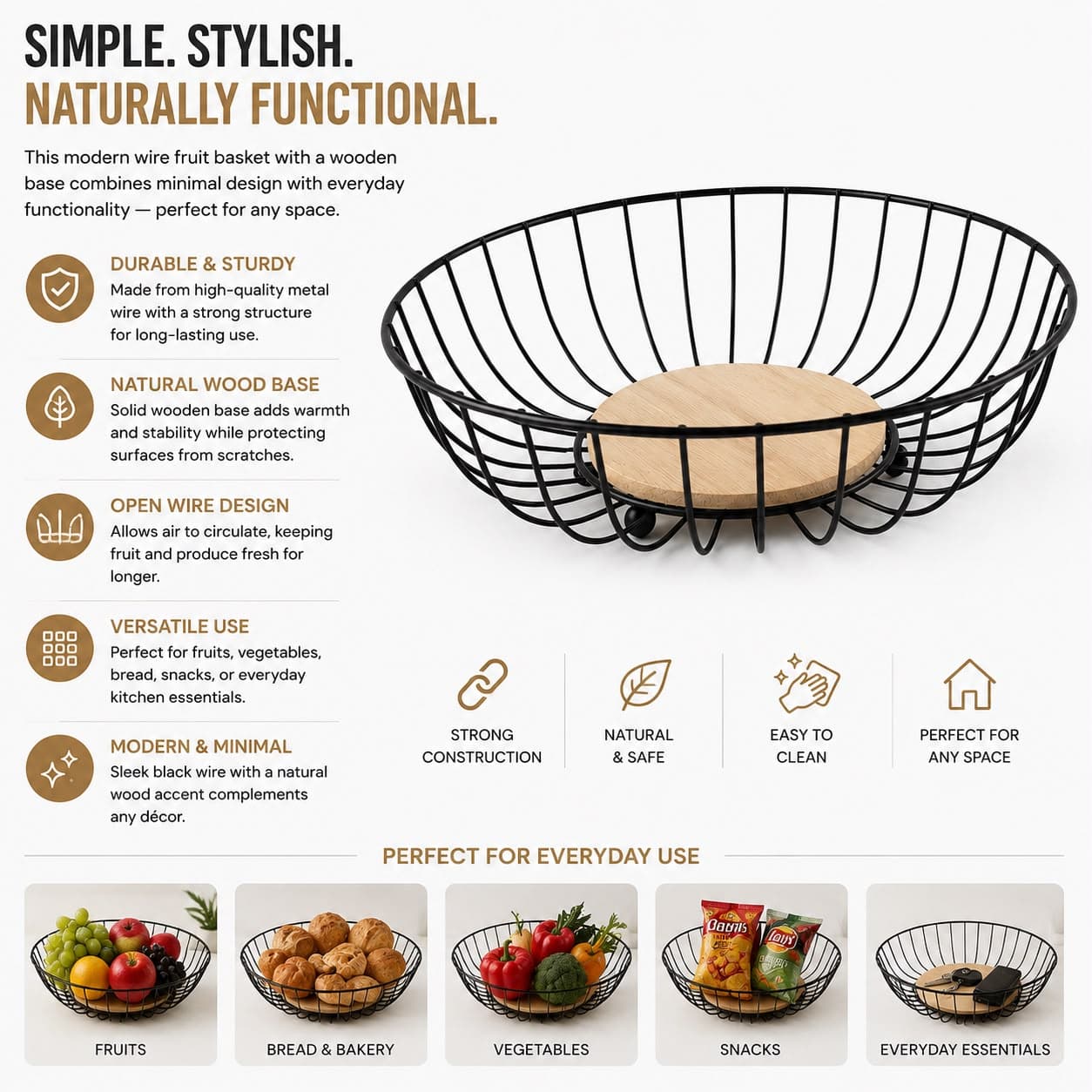 Metal Fruit Basket with Wooden Base - Black 7