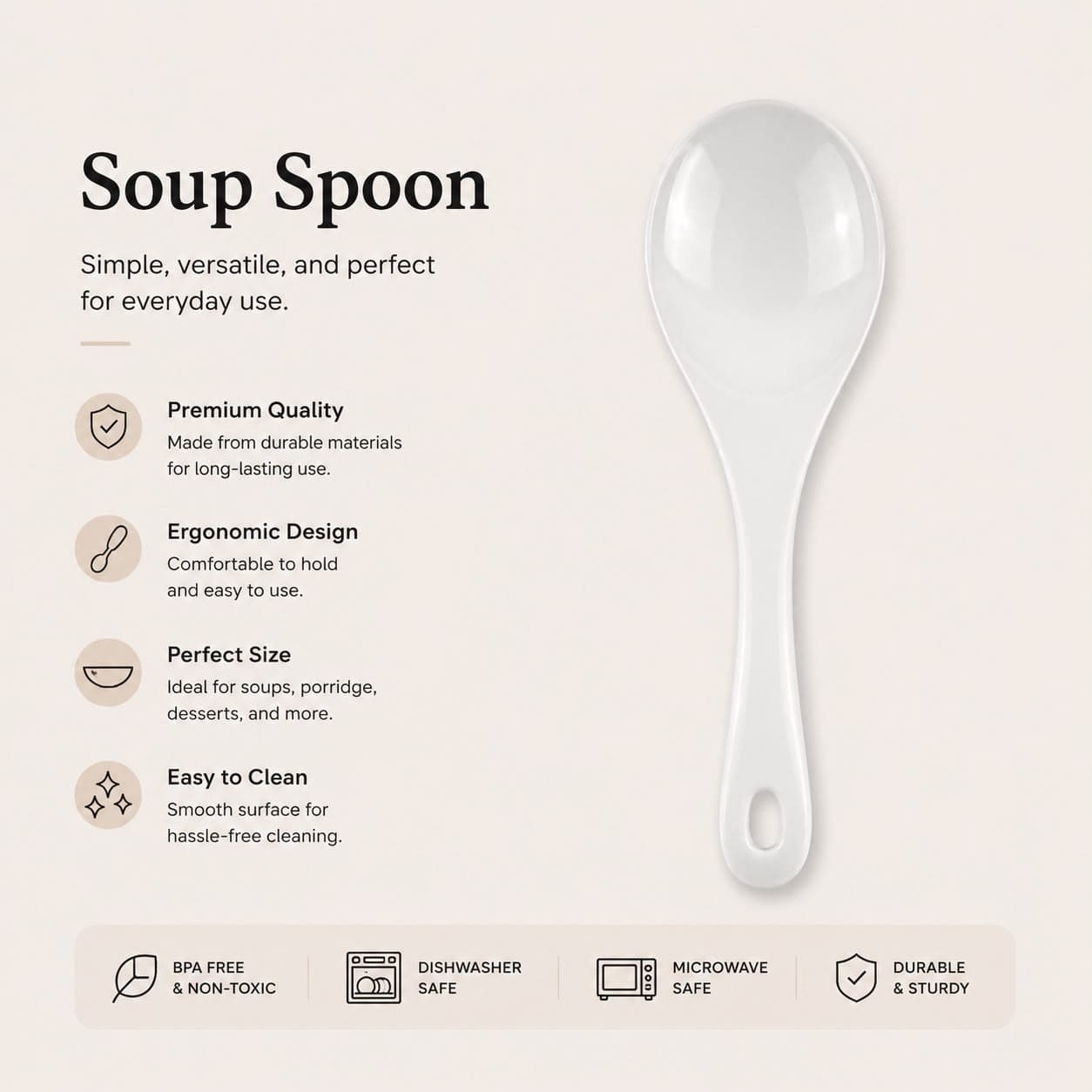 Luxury Large White Melamine Serving Spoon with Long Handle and Hanging Hole – Size 23×7.5 cm

 7