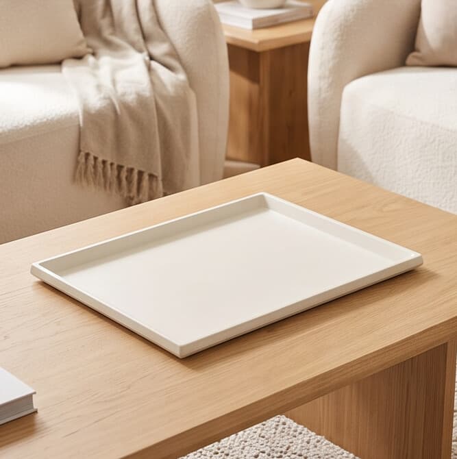 Premium Rectangular Melamine Serving Tray - Off-White Beige with Wood Texture
