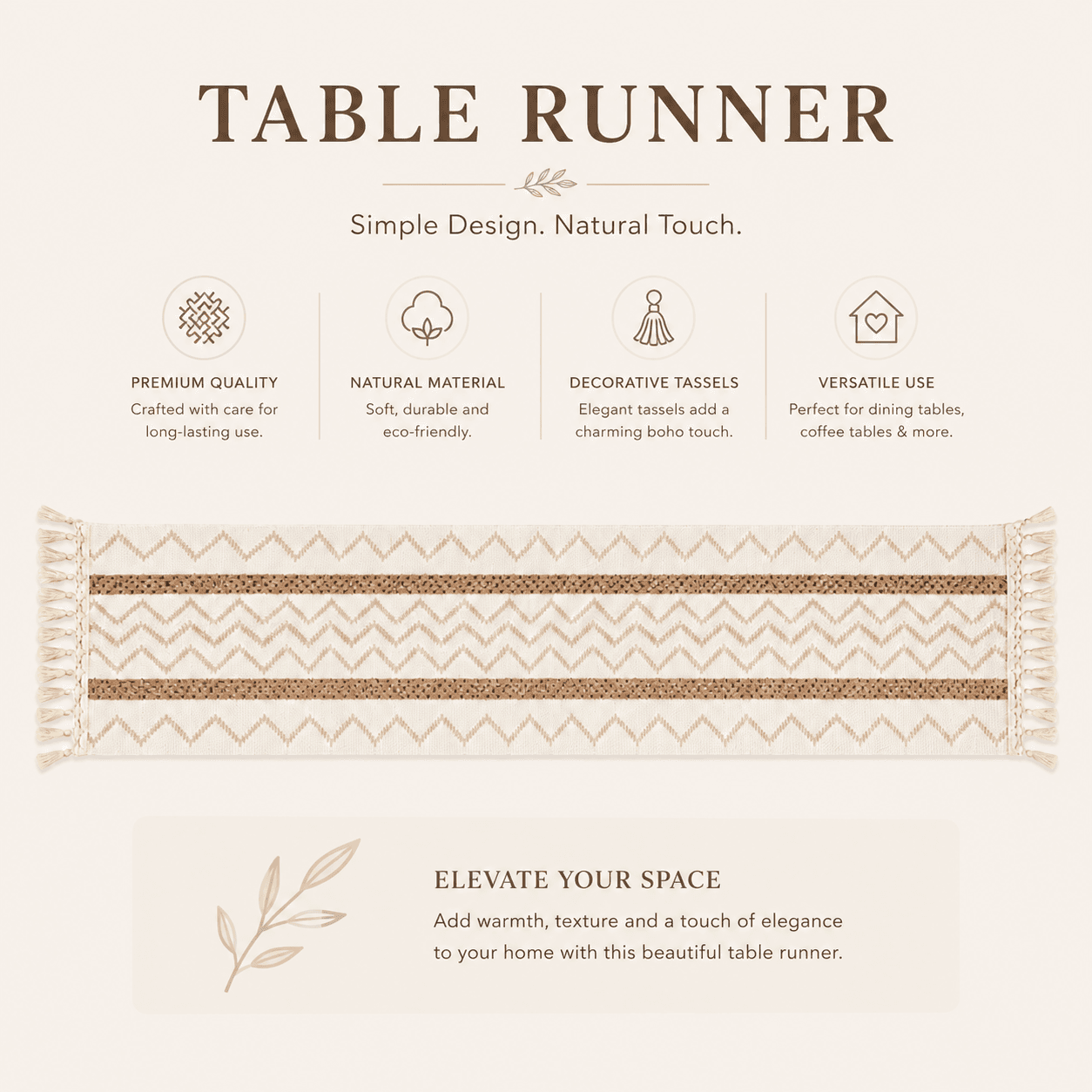 Cotton & Linen Table Runner with Zigzag Pattern and Tassels Size 30×150 cm
 6