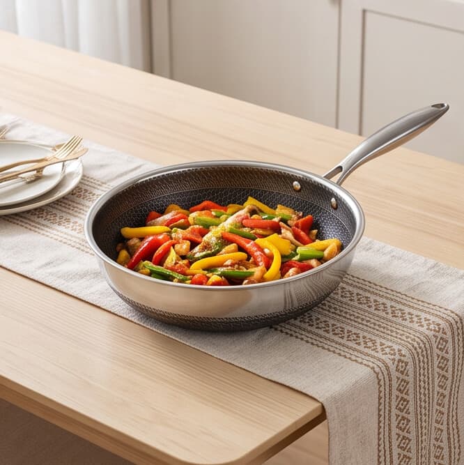 Tri-ply stainless steel pan with lid and glossy finish, 3.1L capacity, size 30 × 8.5 cm. 9
