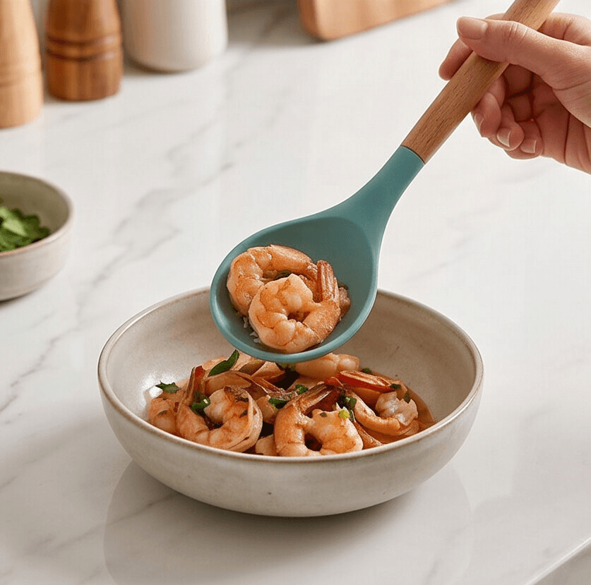 Slotted Silicone Serving Spoon with Wooden Handle (32×6.5 cm) - Sky Blue 2