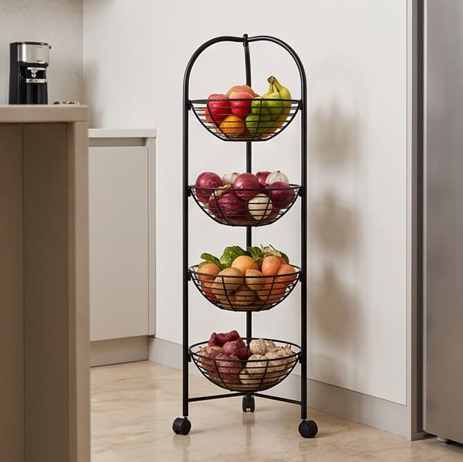 Metal Storage Cart with Four Tiers and Wheels