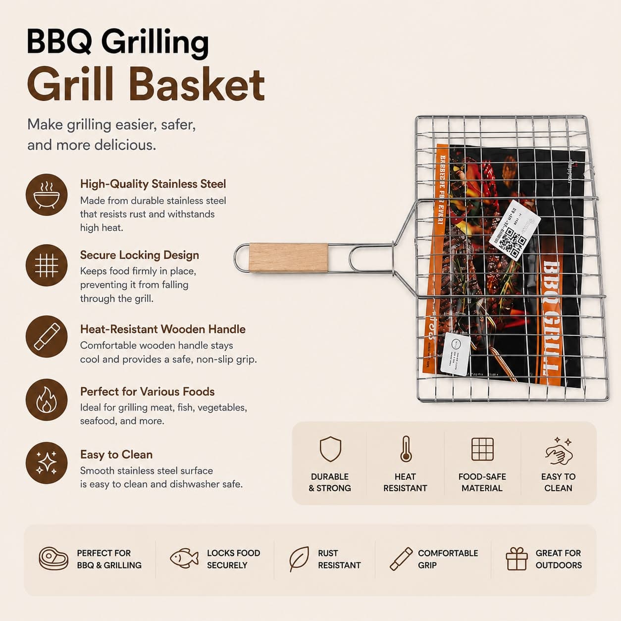 Grill Grate with Wooden Handle - Small 6