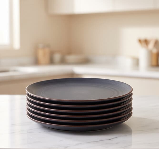 Matte Gray-Blue Porcelain Plate with Brown Rim