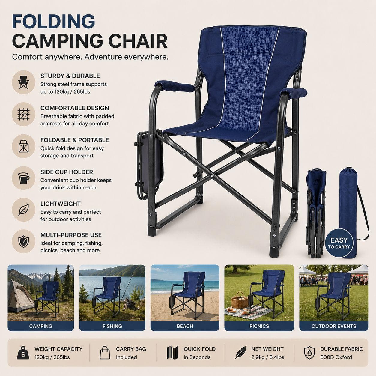 Foldable Blue Camping Chair with Armrests 6