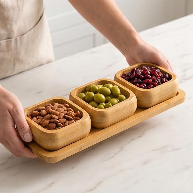 Bamboo Square Serving Bowl Set with Tray - 3 Pcs