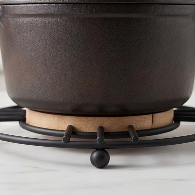Round Metal Hot Pot Trivet with Wooden Base - Black 5