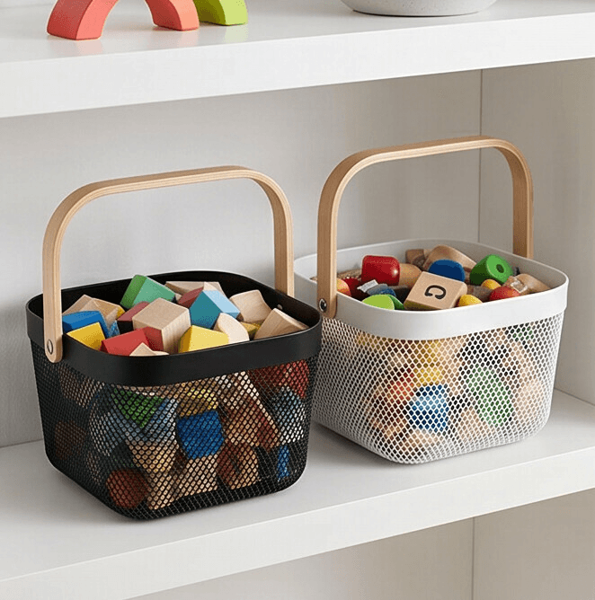 Plastic Storage Basket with Wooden Handle