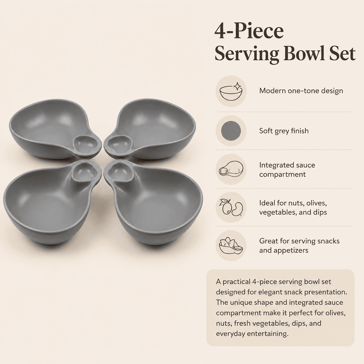 Luxury Innovative Melamine Serving Plate with Main Section and Small Sauce Compartment in Gray Set of 4 Pieces – Size 21×16.5×6 cm

 2