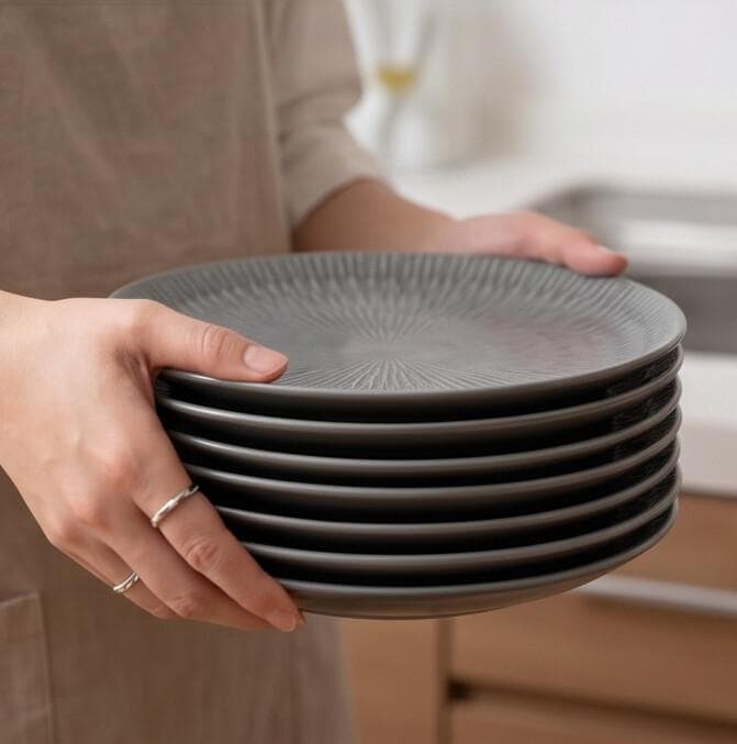 Luxury Medium Ceramic Serving Plate with Radial Ribbed Pattern in Gray Set of 6 Pieces – Size 20 cm

