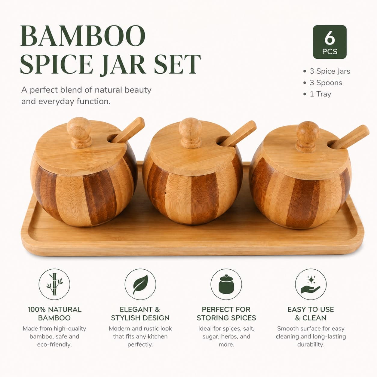 Bamboo Spice Set with Tray & Spoons - 3 Pcs 6