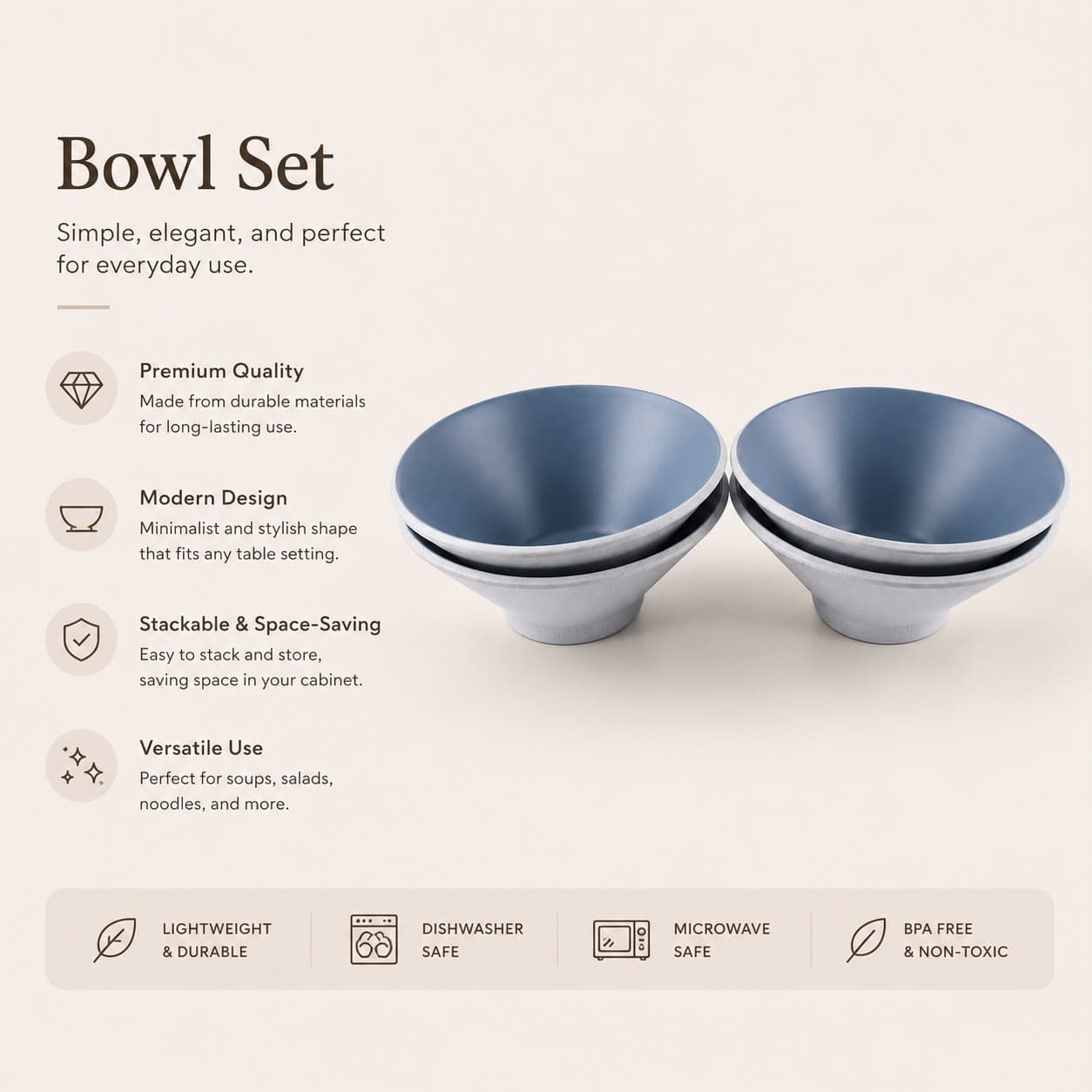 Melamine Serving Bowl Set - 4 Pieces - Matte Blue on Speckled White - 19cm 7
