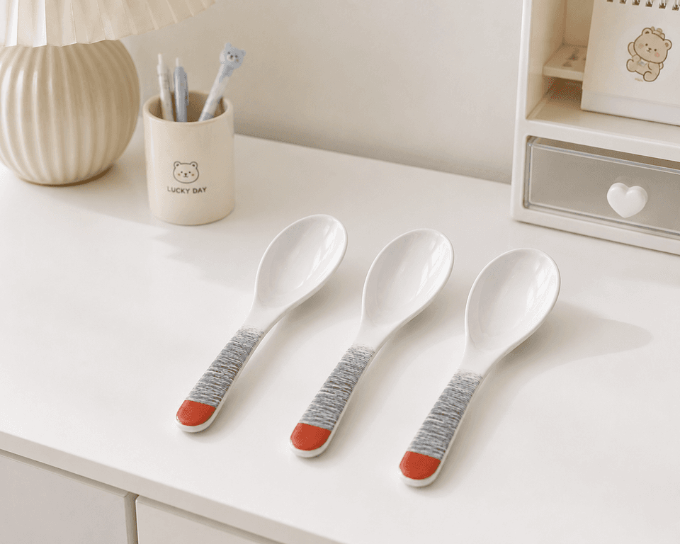 Luxury Pure White Melamine Table Spoon with Gray Edge on Handle – Size 14.5×4 cm

