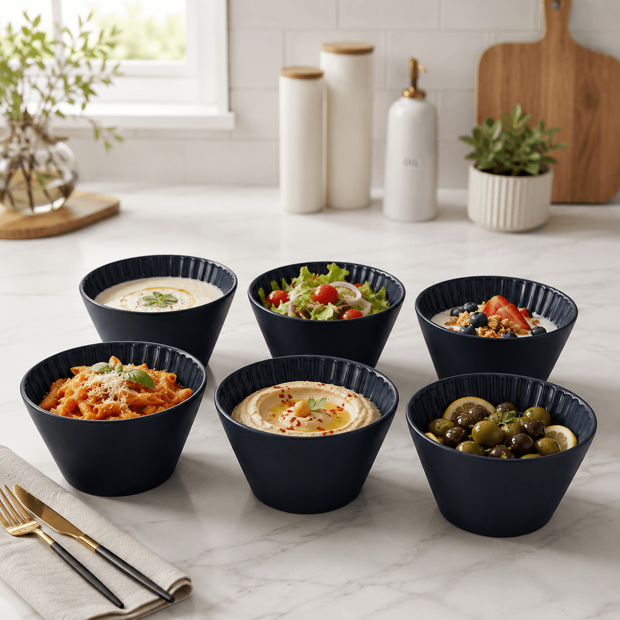 Ribbed Ceramic Bowl Set – Navy Blue (6 Pieces) 4