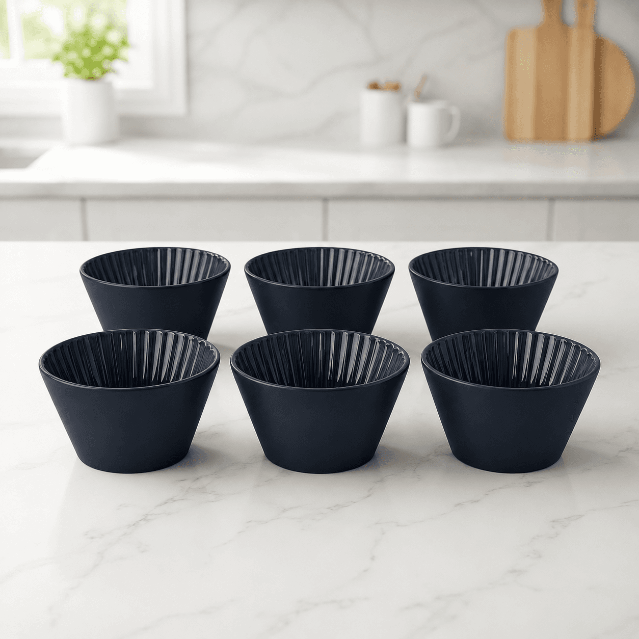 Ribbed Ceramic Bowl Set – Navy Blue (6 Pieces) 5