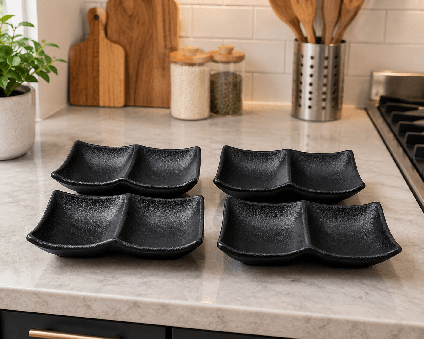 Black Melamine Rectangular Dual Section Dish for Serving Two Types of Appetizers 14.3×9×3 cm
