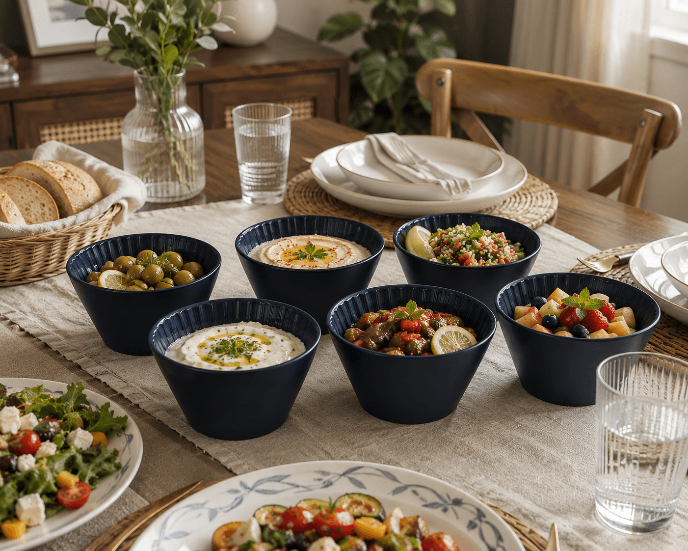 Ribbed Ceramic Bowl Set – Navy Blue (6 Pieces) 3