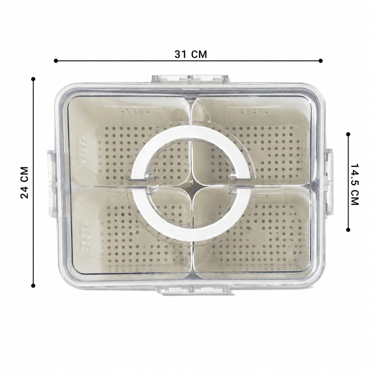 Clear 4-Compartment Food Storage Container with Center Handle and Drain Tray 6