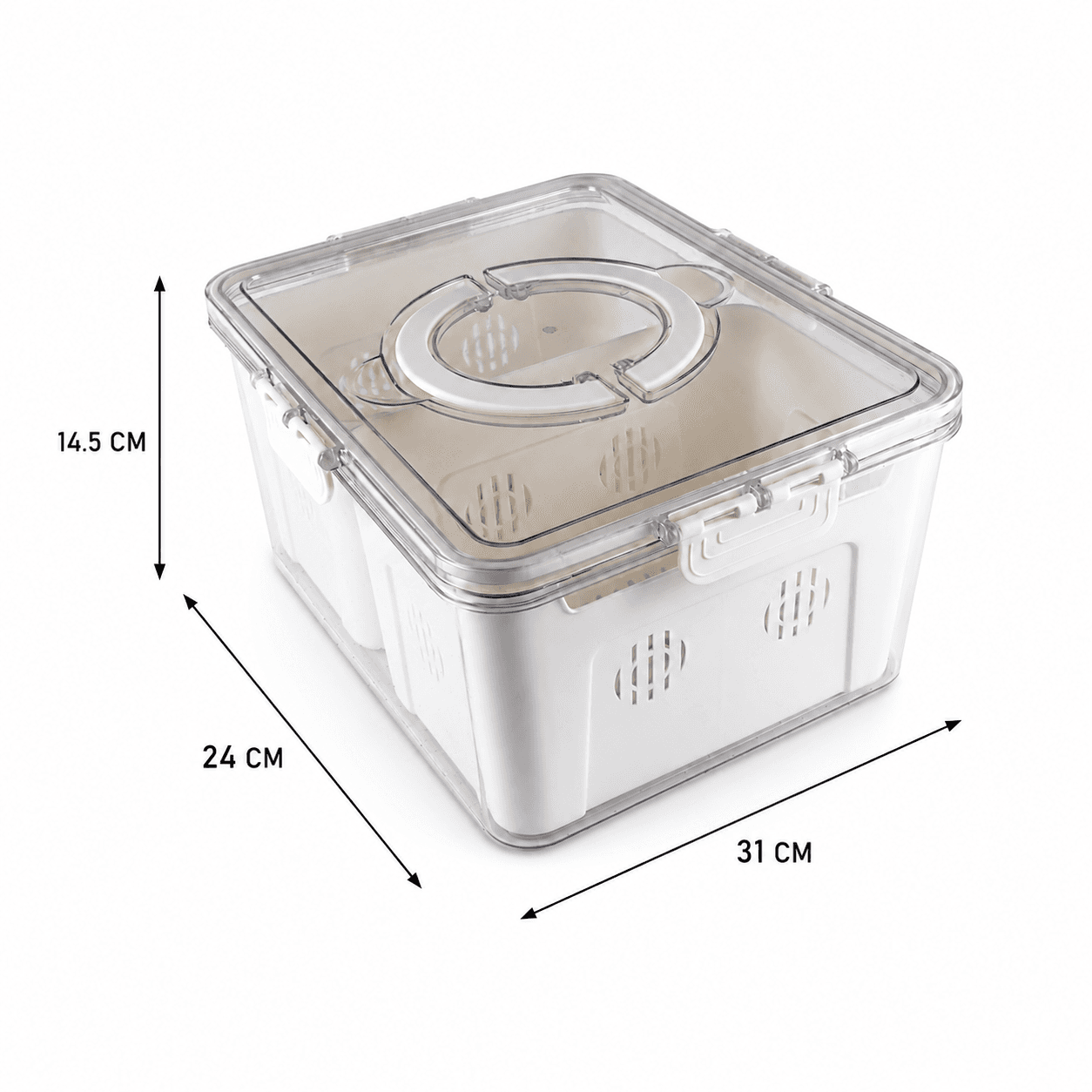 Clear 2-Compartment Food Storage Container with Center Handle and Drain Tray 7