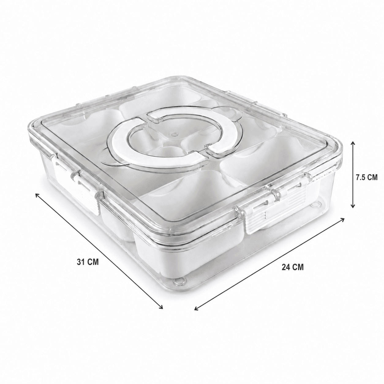 Clear 6-Compartment Food Storage Container with Center Handle and Drain Tray 6