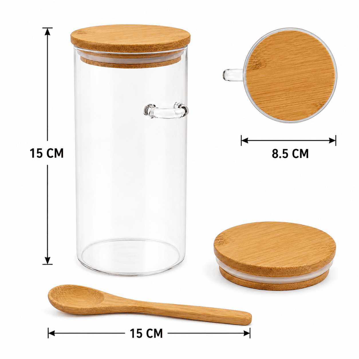Clear Glass Airtight Storage Jar with Bamboo Lid and Wooden Spoon for Food and Spices – Size 8.5×15 cm

 6