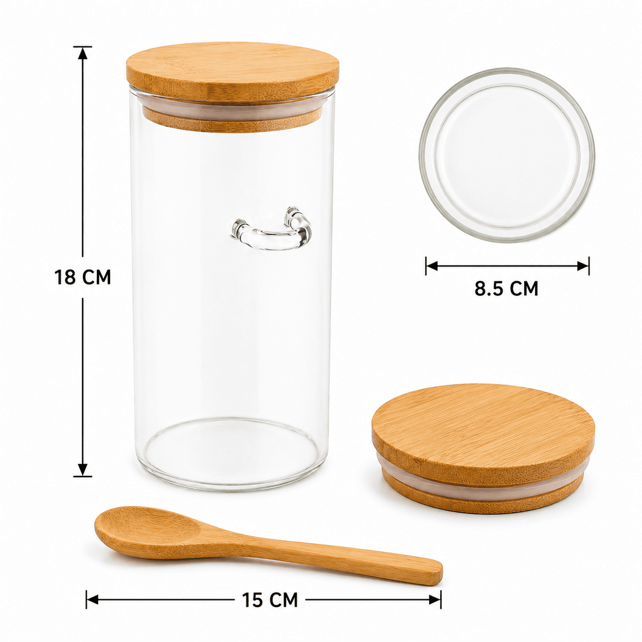Clear Glass Airtight Storage Jar with Bamboo Lid and Wooden Spoon for Food and Spices – Size 8.5×18 cm

 6