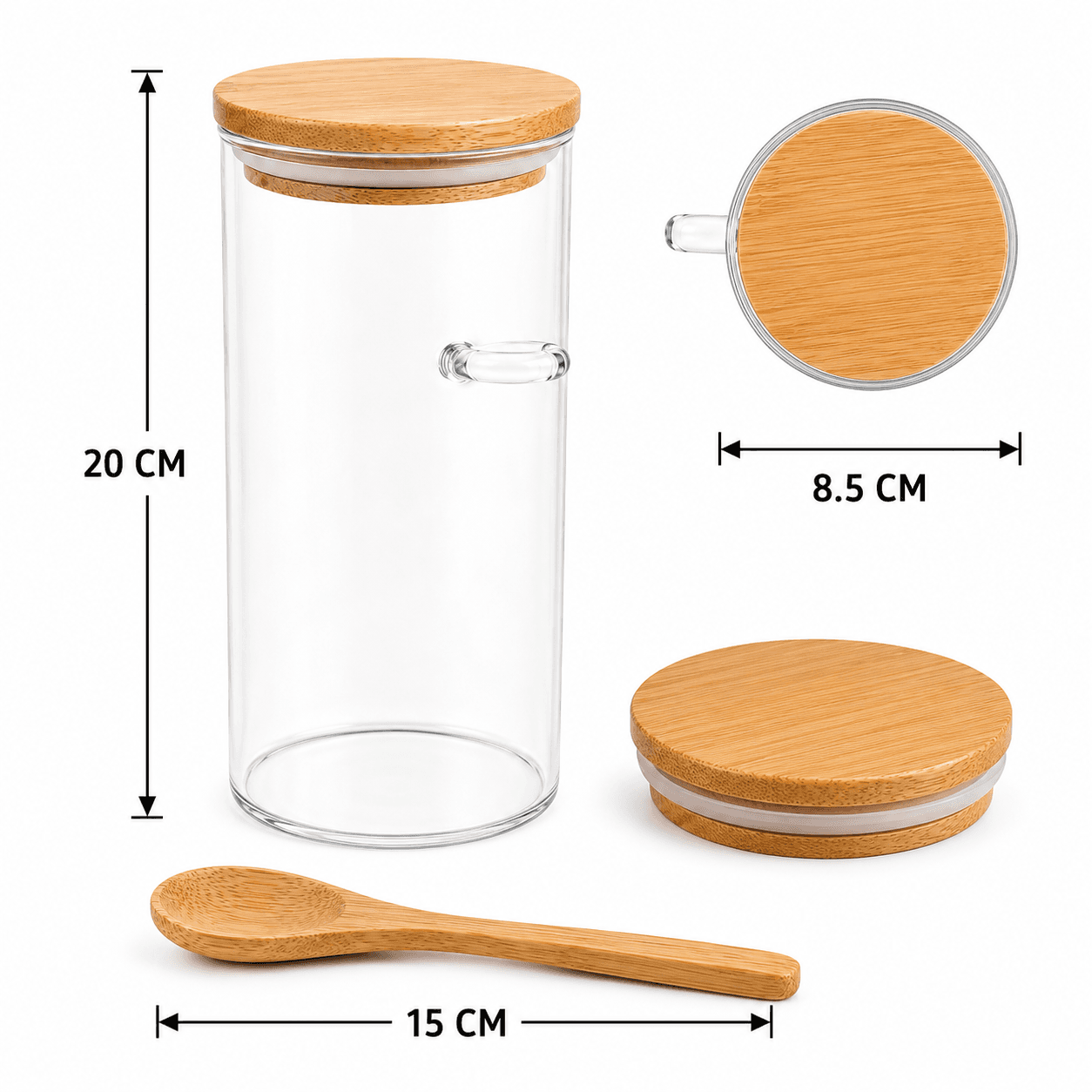 Airtight Glass Storage Jar with Bamboo Lid and Wooden Spoon for Food and Spices – Size 8.5×20 cm


 6