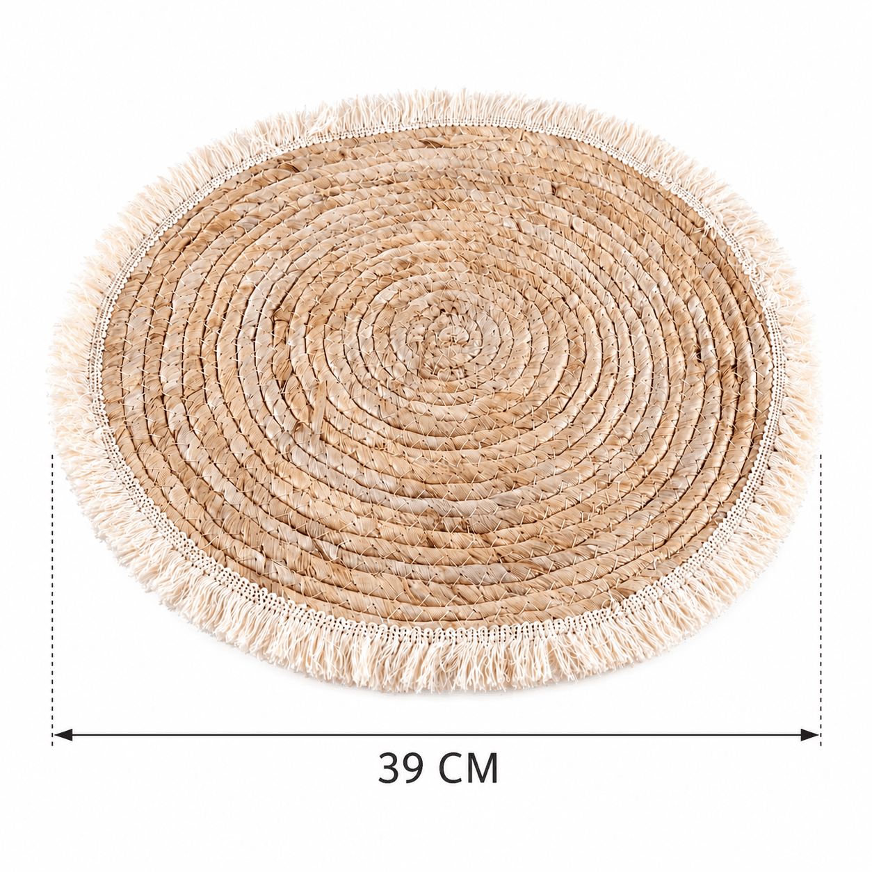 Round Natural Wicker Placemat with Fringe Edges and Spiral Design to Protect the Table – Size 38 cm

 9