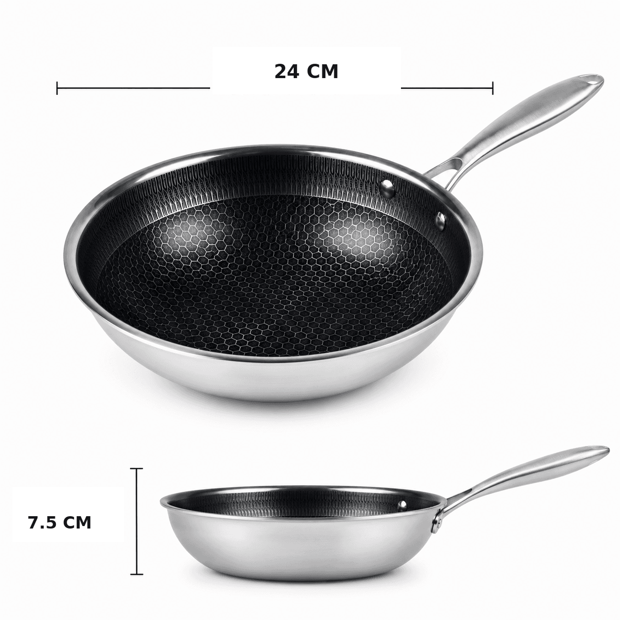 Tri-ply stainless steel pan without lid, size 24 × 7.5 cm, suitable for frying and cooking. 6