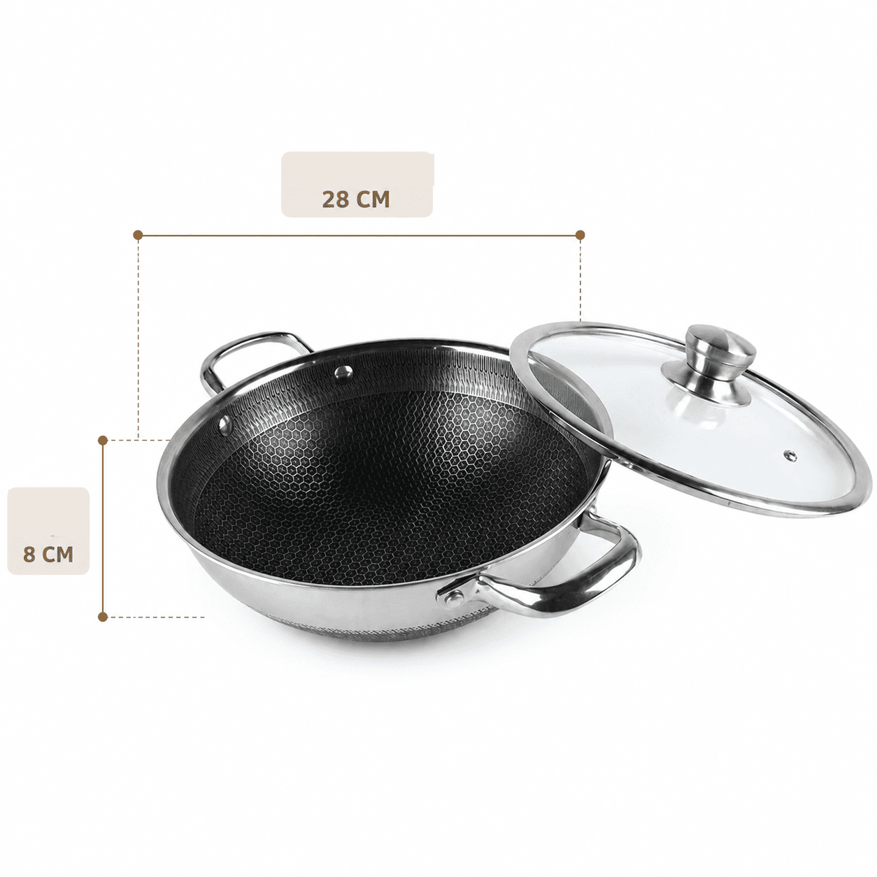 Stainless steel pan with side handles and lid, size 28 × 8 cm, suitable for daily cooking. 6