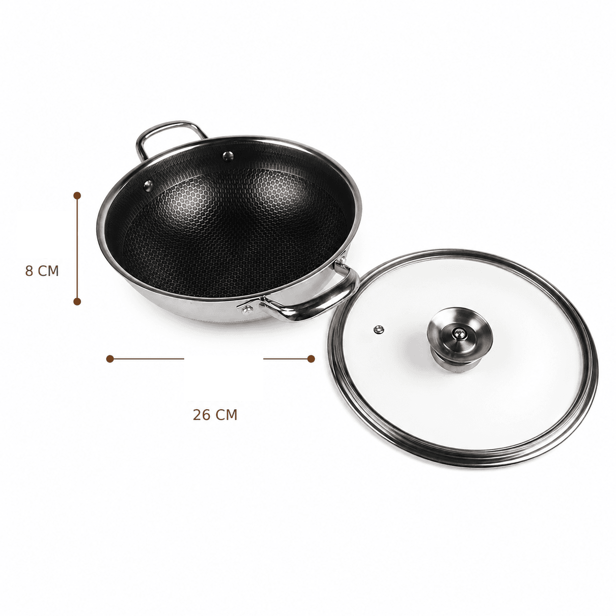 Stainless steel pan with side handles and lid, size 26 × 8 cm, suitable for everyday cooking. 6