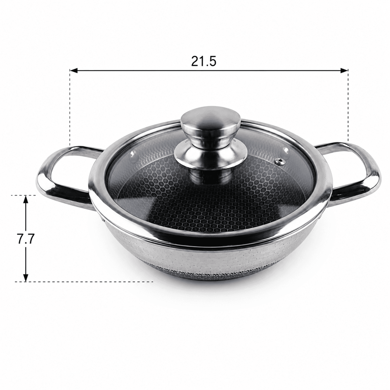 Stainless steel pan with side handles and lid, size 22 × 7 cm, suitable for light cooking. 7